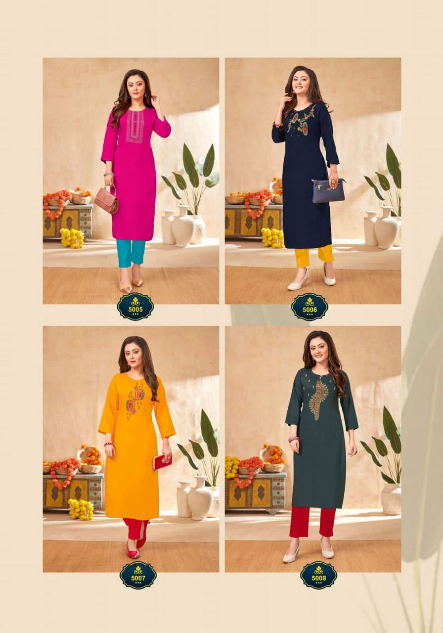 Larqi Nirja Advance 5 Fancy Ethnic Wear Rayon Cotton Embroidery Kurti Collection